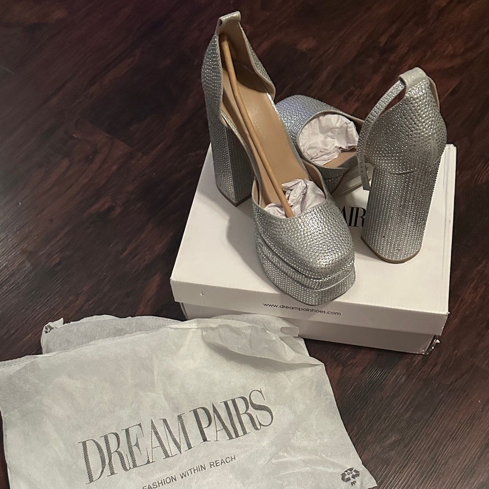 Dream Pairs Glittering High Platform Silver Block Heels Party Pump